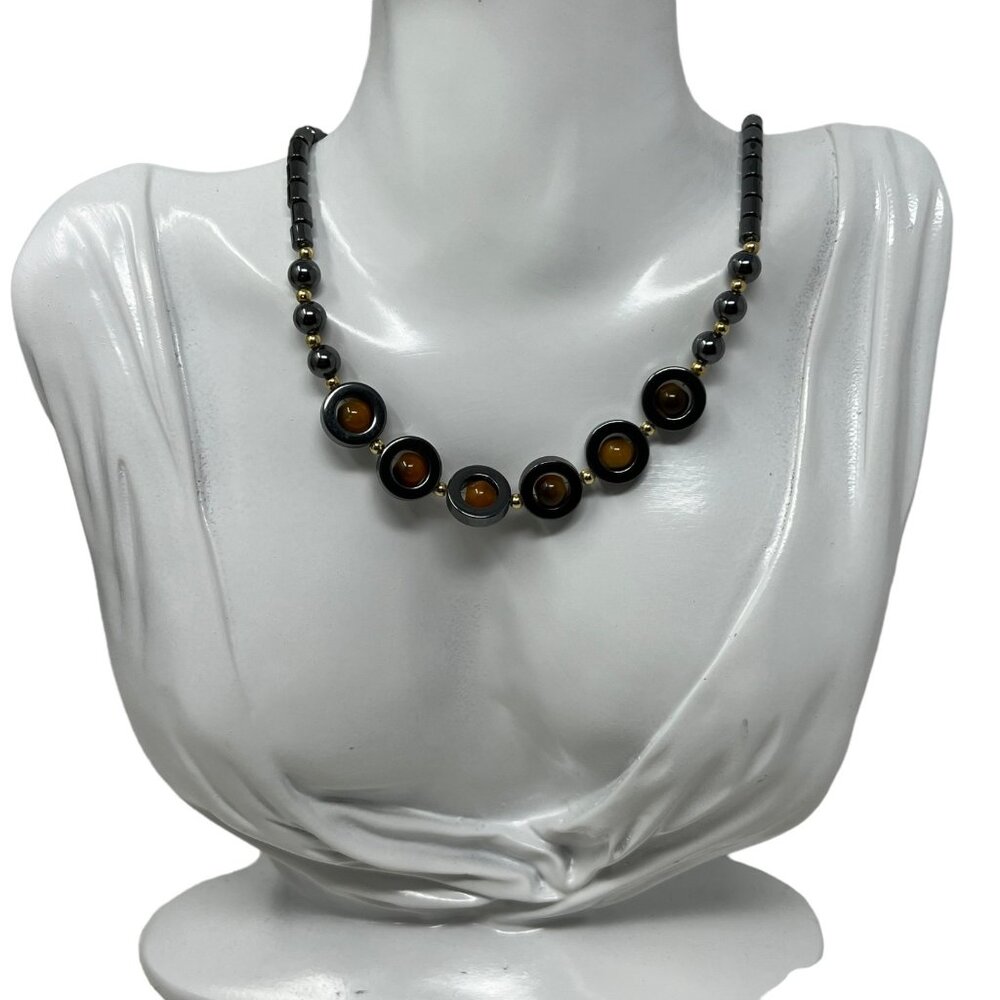 Hematite Necklace Black Natural‎ Stone Caged Yellow Orange Beads Gold Tone Beads